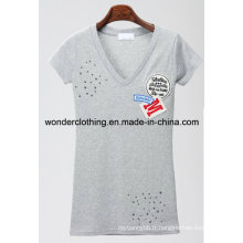 Col en V avec broderie mode gros T-shirt en coton fille